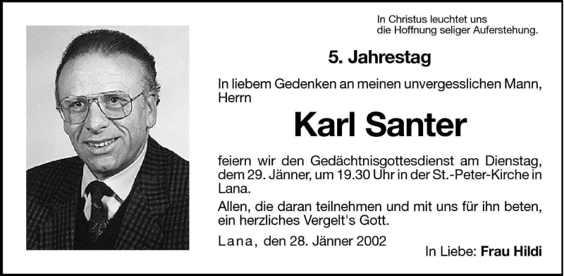  Traueranzeige für Karl Santer vom 28.01.2002 aus Dolomiten