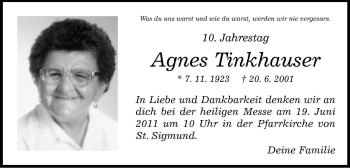 Traueranzeige von Agnes Tinkhauser von Dolomiten