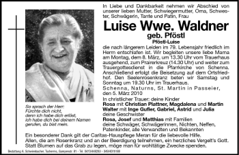 Traueranzeige von Luise Waldner von Dolomiten