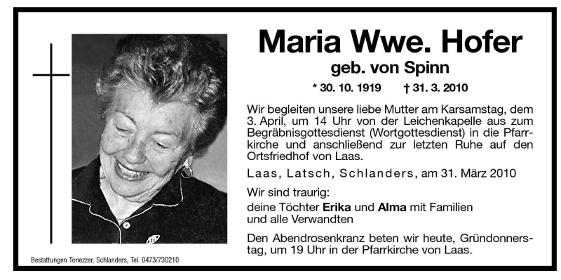  Traueranzeige für Maria Hofer vom 01.04.2010 aus Dolomiten