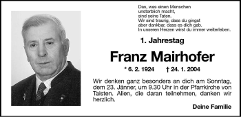 Traueranzeige von Franz Mairhofer von Dolomiten