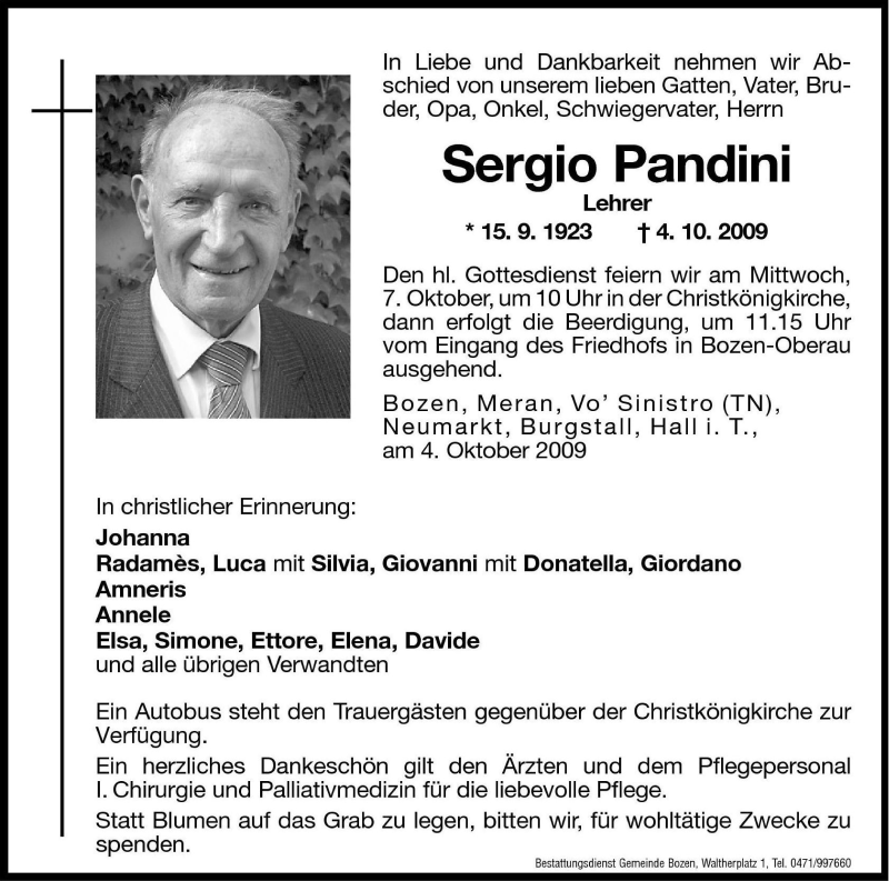  Traueranzeige für Sergio Pandini vom 06.10.2009 aus Dolomiten