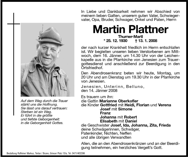  Traueranzeige für Martin Plattner vom 14.01.2008 aus Dolomiten