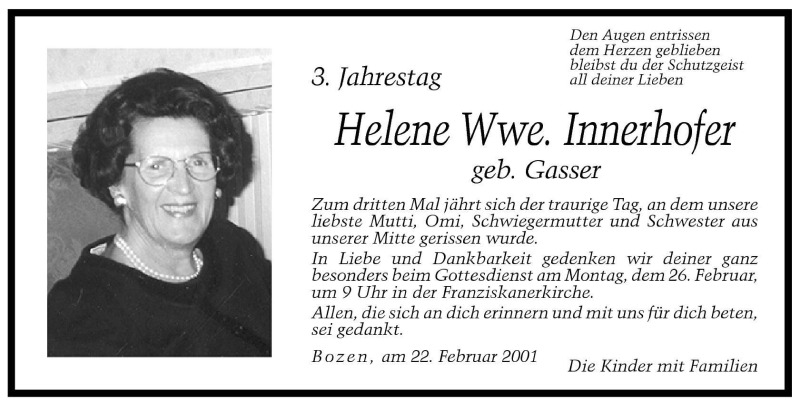  Traueranzeige für Helene Innerhofer vom 22.02.2001 aus Dolomiten