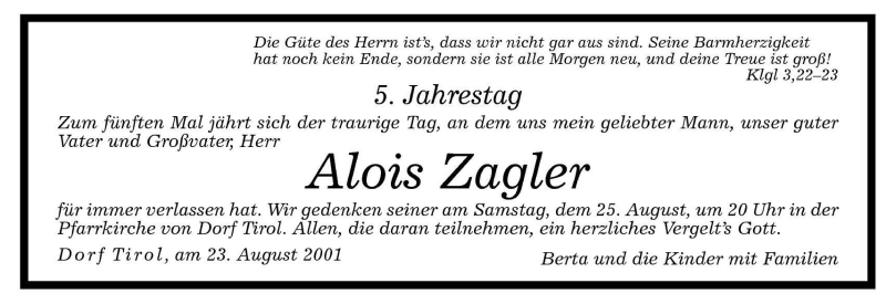  Traueranzeige für Alois Zagler vom 23.08.2001 aus Dolomiten