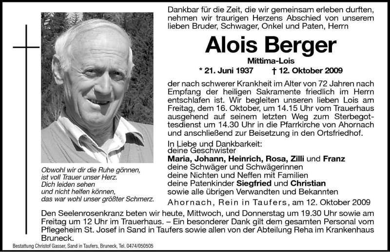  Traueranzeige für Alois Berger vom 14.10.2009 aus Dolomiten