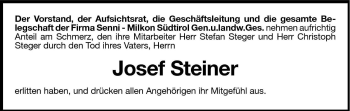 Traueranzeige von Josef Steiner von Dolomiten