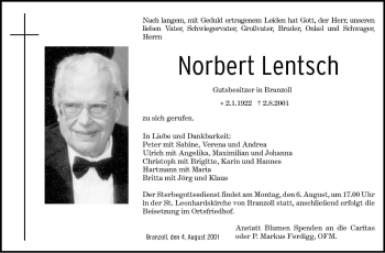 Traueranzeige von Norbert Lentsch von Dolomiten