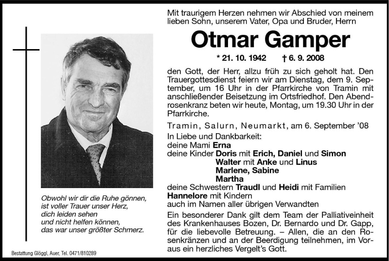  Traueranzeige für Otmar Gamper vom 08.09.2008 aus Dolomiten