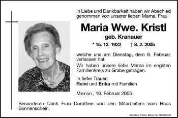 Traueranzeige von Maria Kristl von Dolomiten