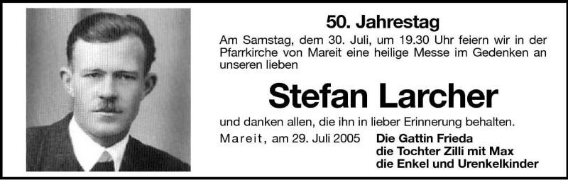  Traueranzeige für Stefan Larcher vom 29.07.2005 aus Dolomiten