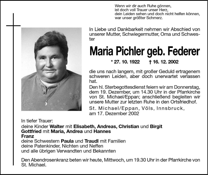  Traueranzeige für Maria Pichler vom 18.12.2002 aus Dolomiten