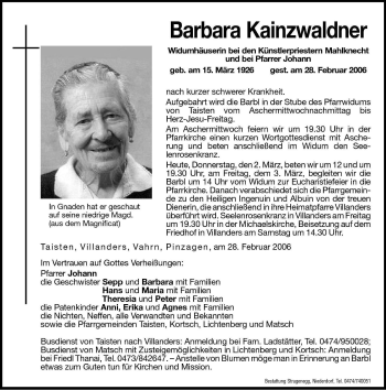 Traueranzeige von Barbara Kainzwaldner von Dolomiten