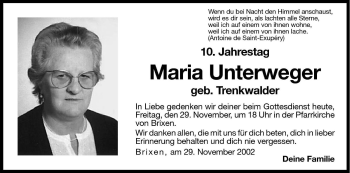 Traueranzeige von Maria Unterweger von Dolomiten