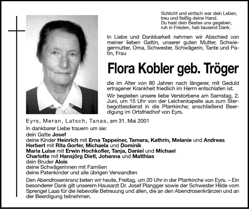  Traueranzeige für Flora Kobler vom 01.06.2001 aus Dolomiten