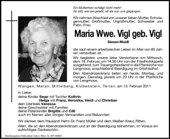 Traueranzeige von Maria Vigl von Dolomiten