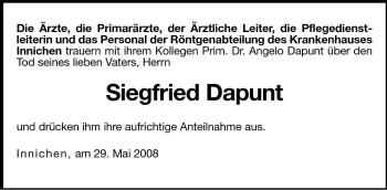 Traueranzeige von Siegfried Dapunt von Dolomiten