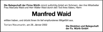 Traueranzeige von Manfred Waid von Dolomiten