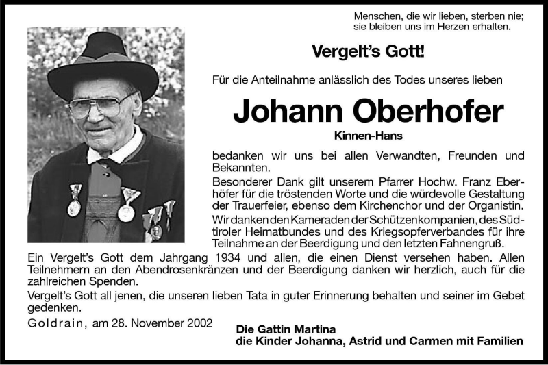  Traueranzeige für Johann Oberhofer vom 28.11.2002 aus Dolomiten