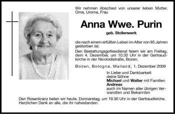 Traueranzeige von Anna Purin von Dolomiten