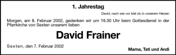 Traueranzeige von David Frainer von Dolomiten