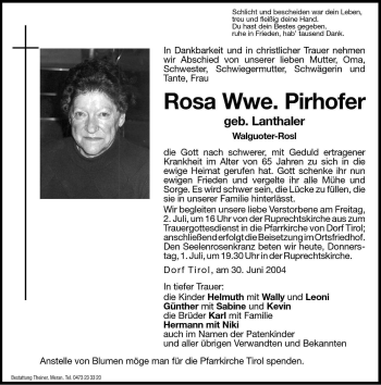 Traueranzeige von Rosa Pirhofer von Dolomiten