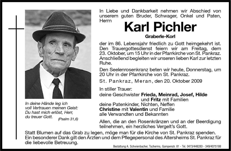  Traueranzeige für Karl Pichler vom 22.10.2009 aus Dolomiten