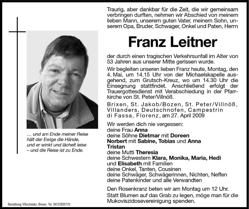  Traueranzeige für Franz Leitner vom 04.05.2009 aus Dolomiten