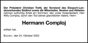 Traueranzeige von Hermann Comploj von Dolomiten