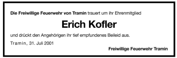 Traueranzeige von Erich Kofler von Dolomiten