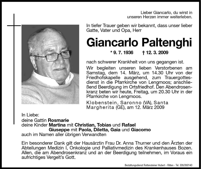  Traueranzeige für Giancarlo Paltenghi vom 13.03.2009 aus Dolomiten