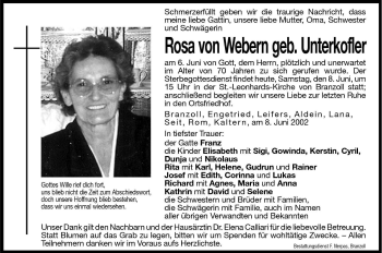 Traueranzeige von Rosa von Webern von Dolomiten