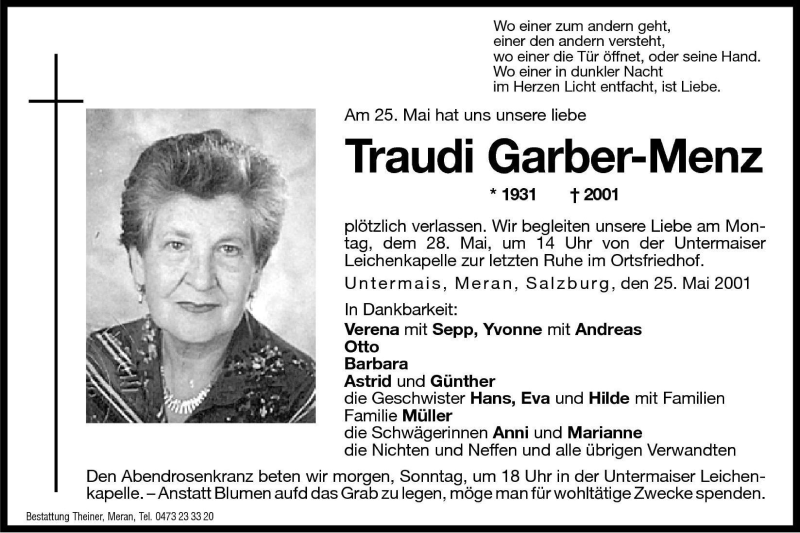  Traueranzeige für Traudi Garber-Menz vom 26.05.2001 aus Dolomiten