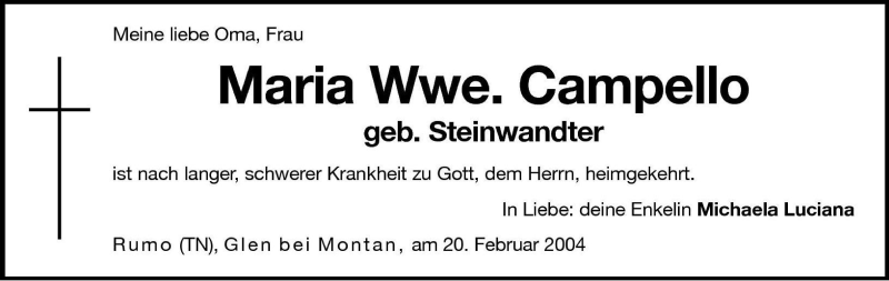  Traueranzeige für Maria Campello vom 20.02.2004 aus Dolomiten