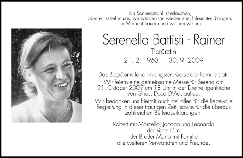  Traueranzeige für Serenella Battisti-Rainer vom 16.10.2009 aus Dolomiten
