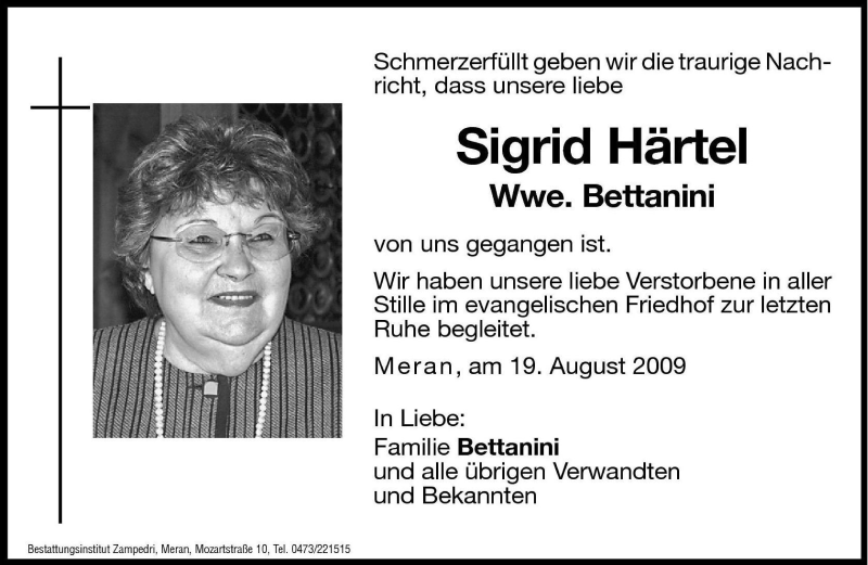  Traueranzeige für Sigrid Bettanini vom 24.08.2009 aus Dolomiten