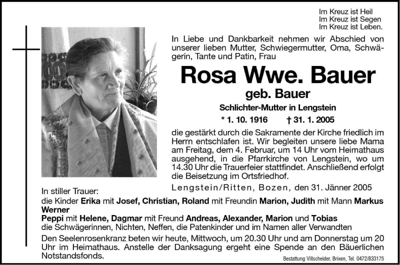  Traueranzeige für Rosa Bauer vom 02.02.2005 aus Dolomiten