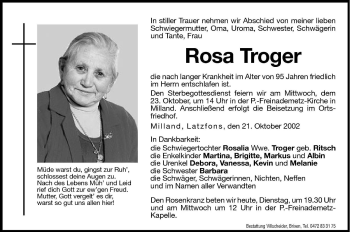 Traueranzeige von Rosa Troger von Dolomiten