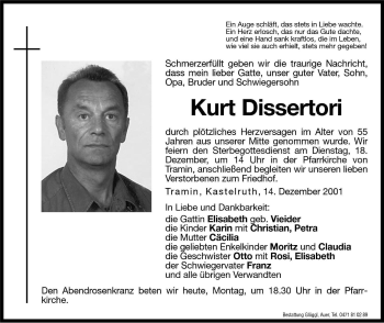 Traueranzeige von Kurt Dissertori von Dolomiten