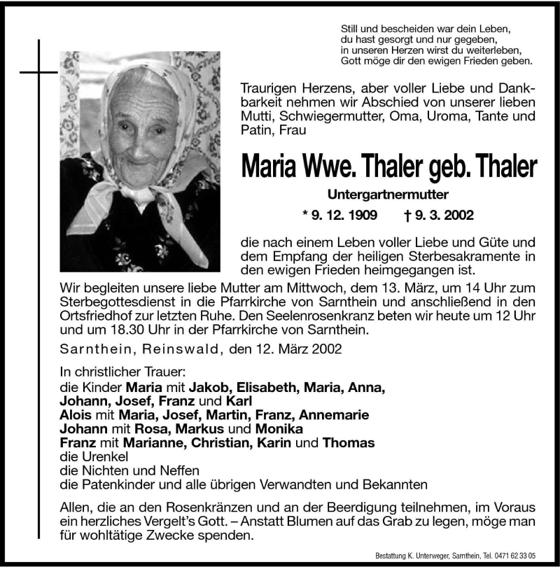  Traueranzeige für Maria Thaler vom 12.03.2002 aus Dolomiten