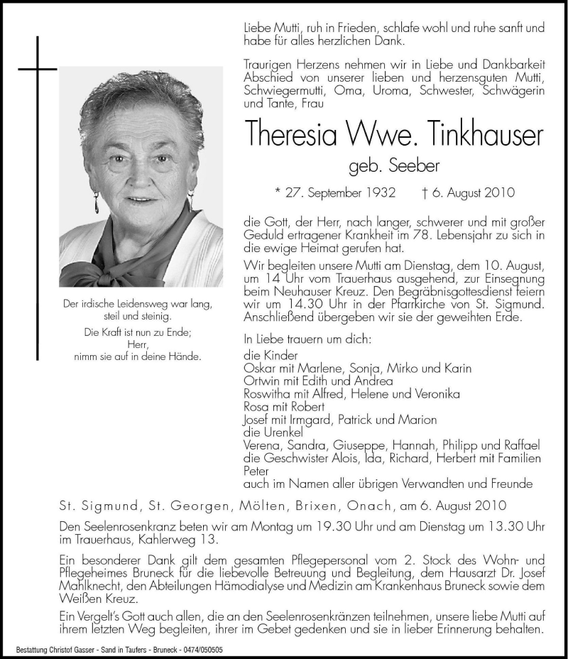  Traueranzeige für Theresia Tinkhauser vom 09.08.2010 aus Dolomiten