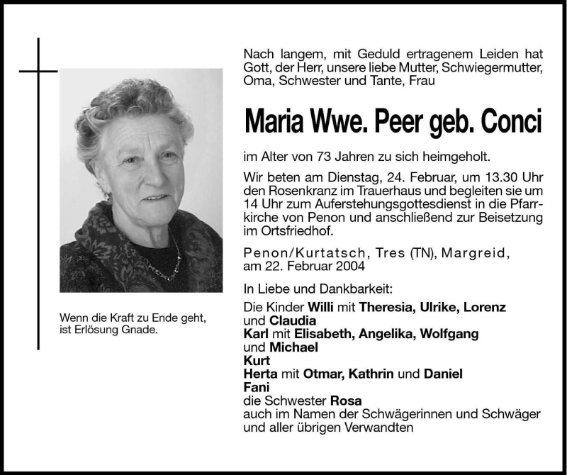 Traueranzeige für Maria Peer vom 23.02.2004 aus Dolomiten