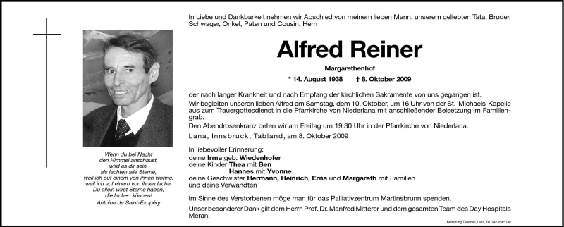  Traueranzeige für Alfred Reiner vom 09.10.2009 aus Dolomiten