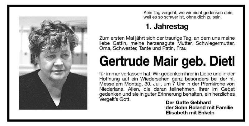  Traueranzeige für Gertrude Mair vom 28.07.2001 aus Dolomiten