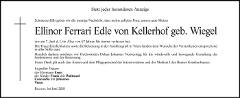Traueranzeige von Ellinor Ferrari Edle von Kellerhof von Dolomiten