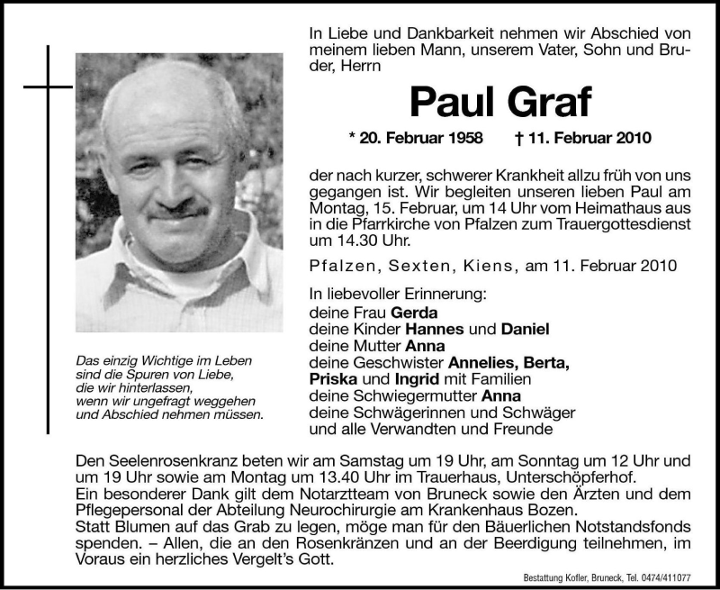  Traueranzeige für Paul Graf vom 13.02.2010 aus Dolomiten