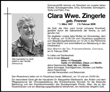 Traueranzeige von Clara Zingerle von Dolomiten