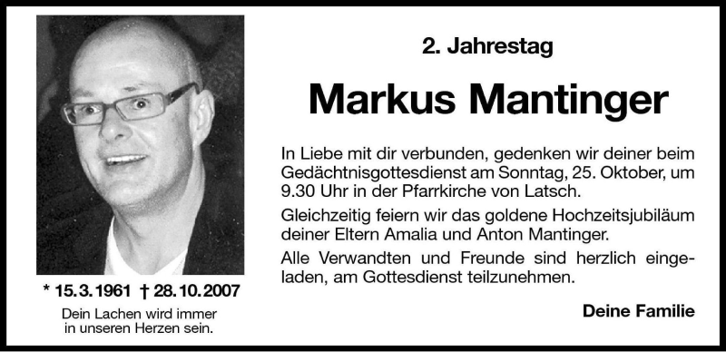  Traueranzeige für Markus Mantinger vom 23.10.2009 aus Dolomiten