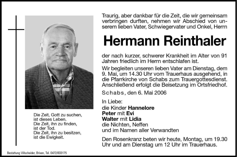  Traueranzeige für Hermann Reinthaler vom 08.05.2006 aus Dolomiten