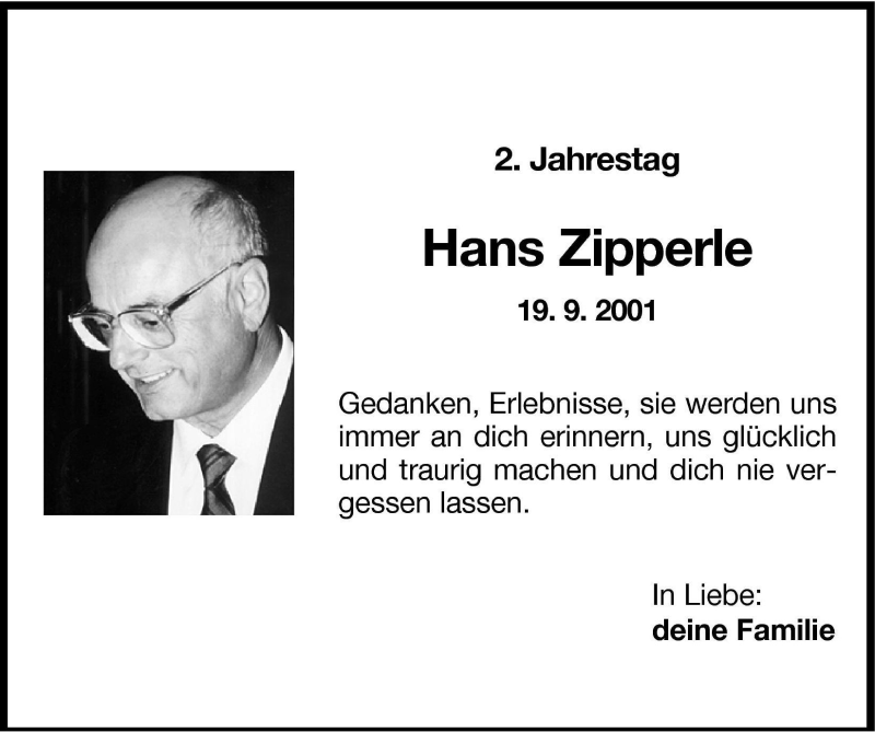  Traueranzeige für Hans Zipperle vom 19.09.2001 aus Dolomiten